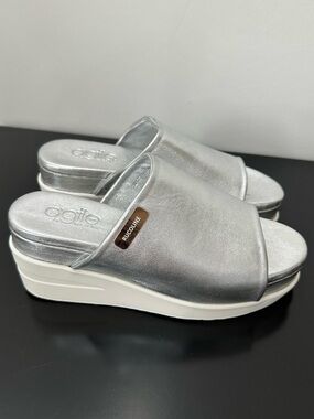 Leather Silver Platform Slide Mules